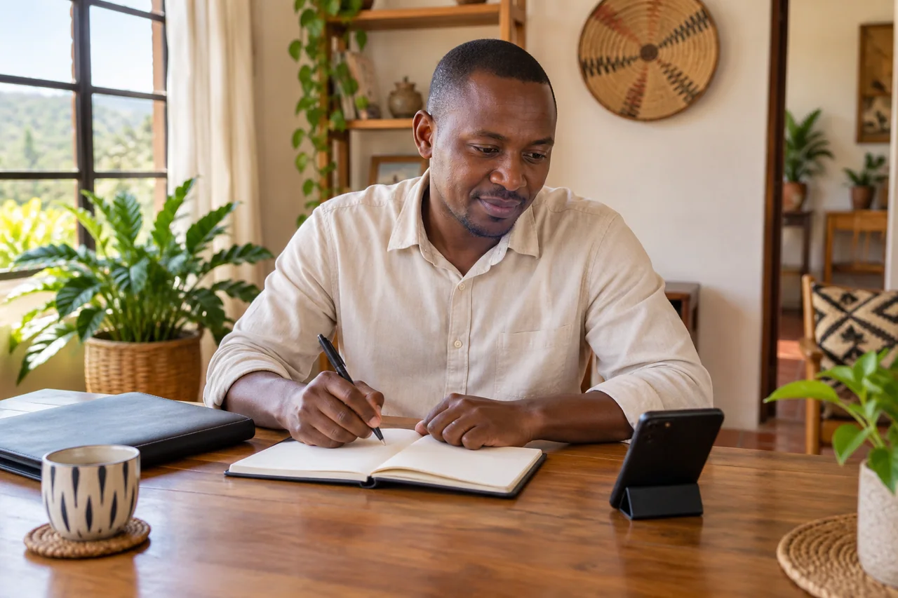 A man writing his enquiry in a notebook before making a request.