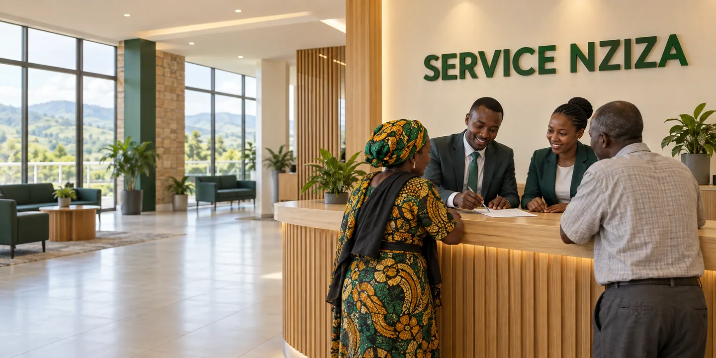Staff assisting residents inside a service hall with SERVICE NZIZA on the wall.